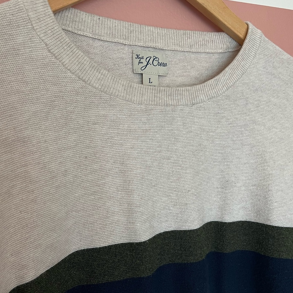 J. Crew Crewneck Sweater. Cream with Green and Navy stripes. Large. - Picture 3 of 4